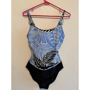 Christina Womens One Piece Swimsuit Blue Black Tropical Leaf Print Ring Detail